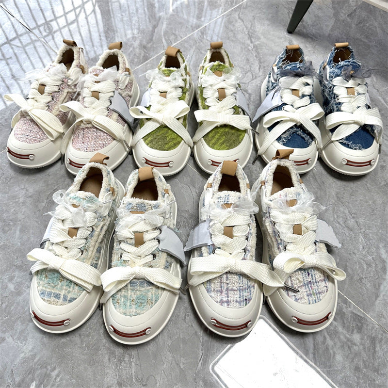 Women's Tan Autumn Platform Lace Bow Couple Women's Canvas Shoes