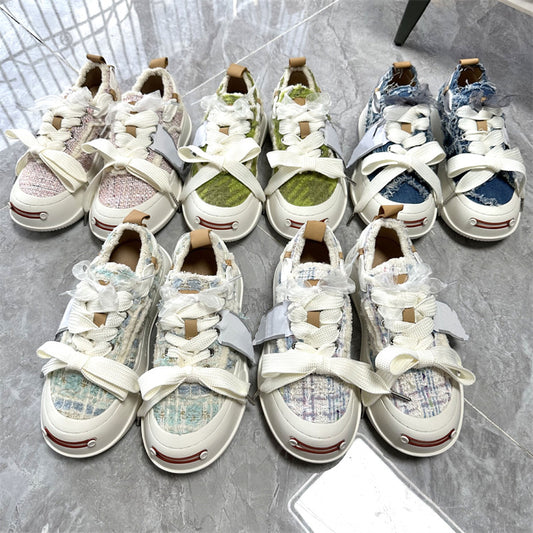 Women's Tan Autumn Platform Lace Bow Couple Women's Canvas Shoes