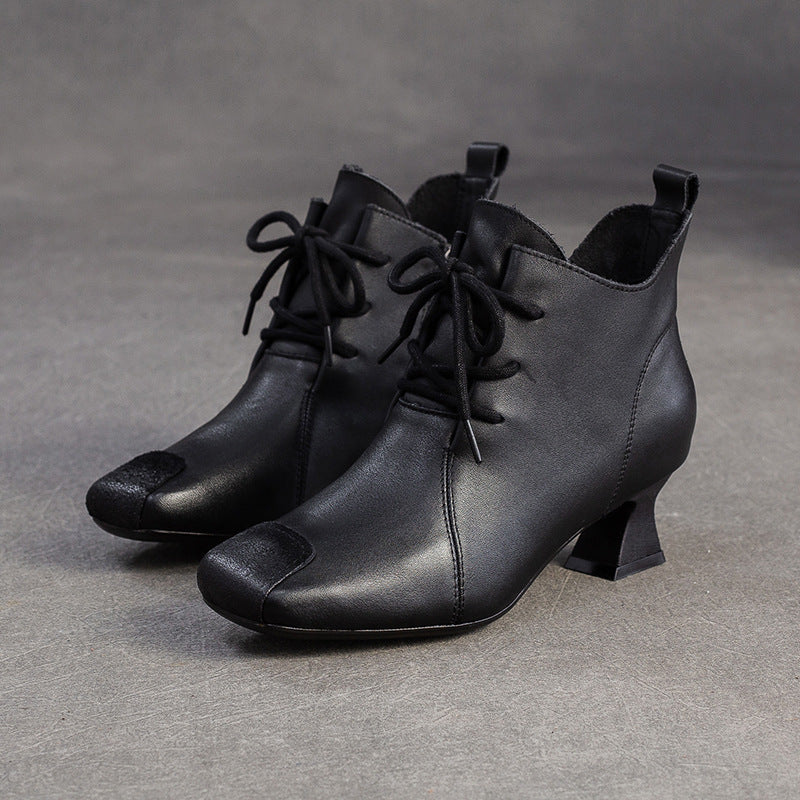 Women's Shu First Layer Cowhide Square Head Zipper High Fashion Women's Shoes