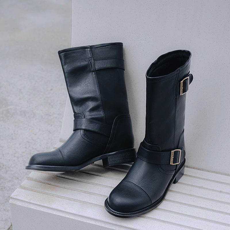 Women's Chunky Retro Wide Tube Middle Riding Belt Women's Leather Boots