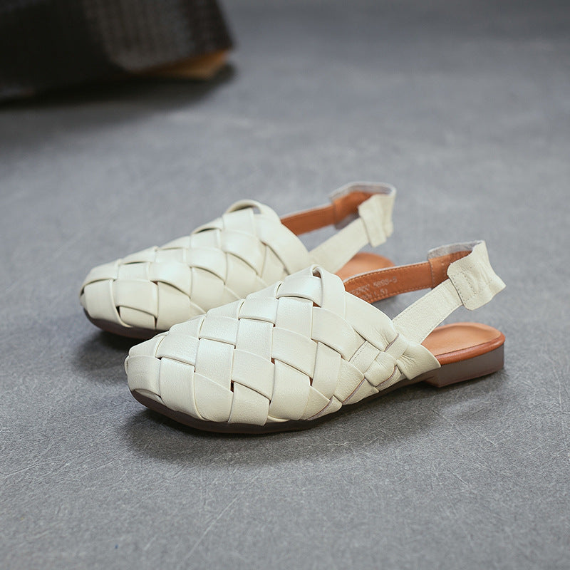 Women's First Layer Cowhide Hand-woven Closed Toe Flat Back Sandals