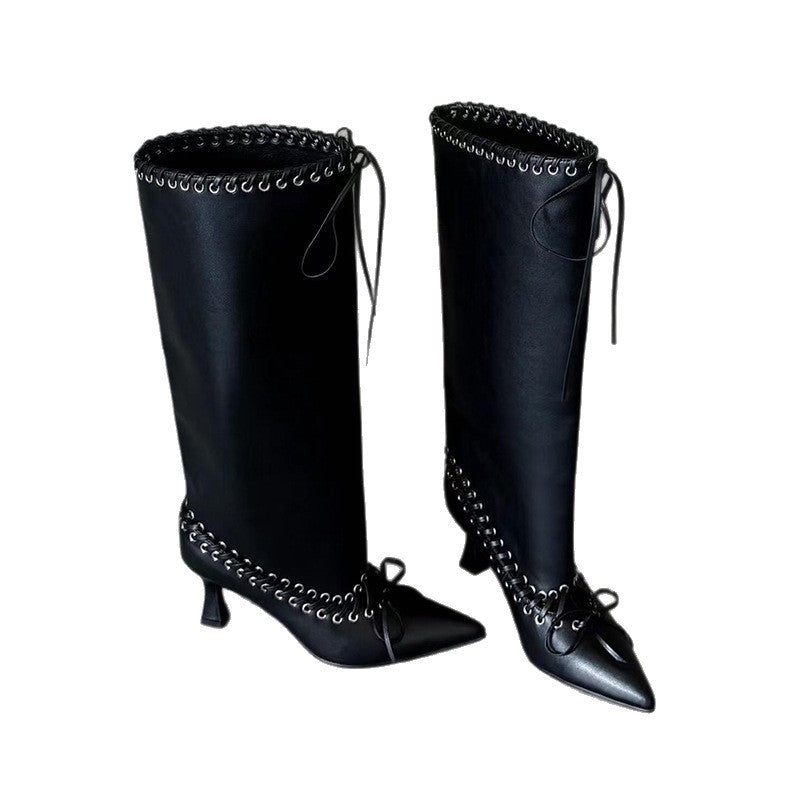 Women's Cowhide Version Pointed Stiletto Loose Straight Tall Knight Women's Leather Boots