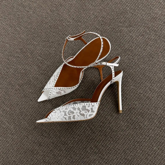 Women's Pointed Lace Stiletto Rhinestone Wedding Reception High Heeled Sandals