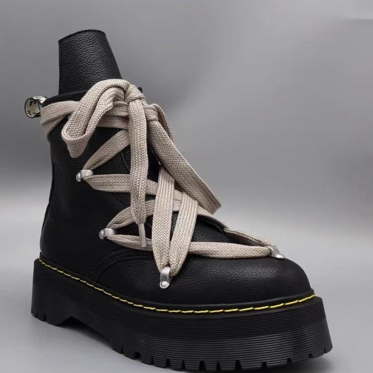 Women's & Men's Martin Six-pointed Star Genuine Strap Platform Lychee Women's Leather Boots