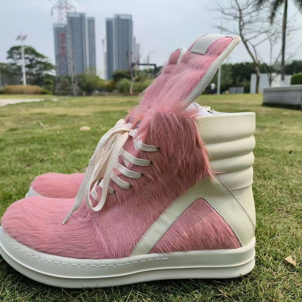 Men's Pink Luxury Horse Hair Trendy Platform Casual Shoes