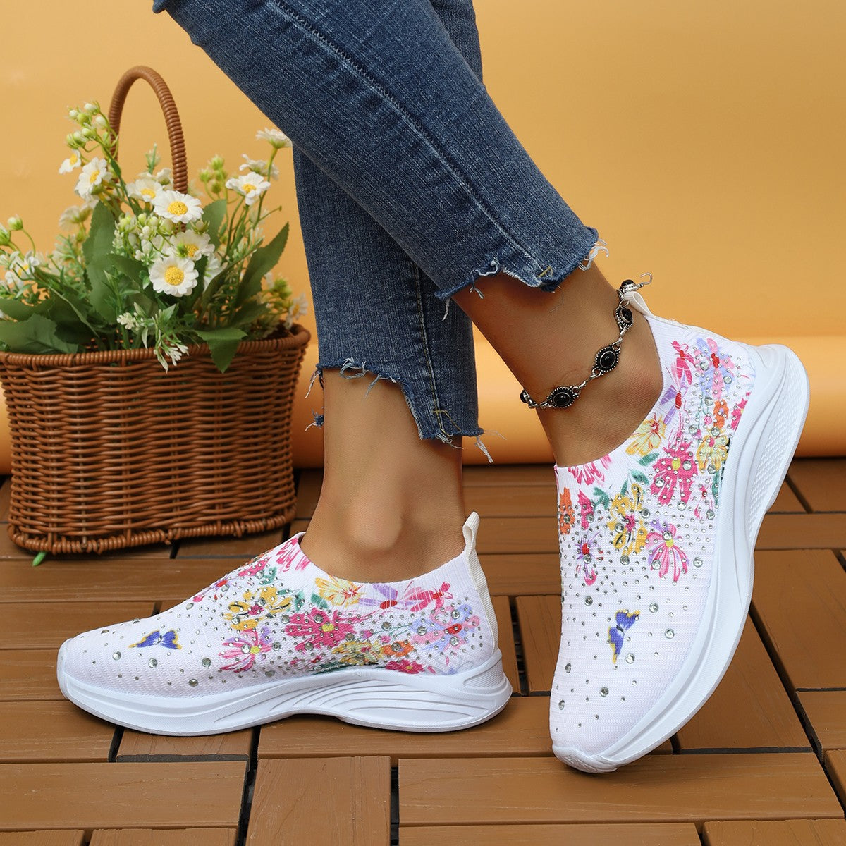 Women's & Men's Size Running Printed Flowers Rhinestone Slip-on Men's Shoes