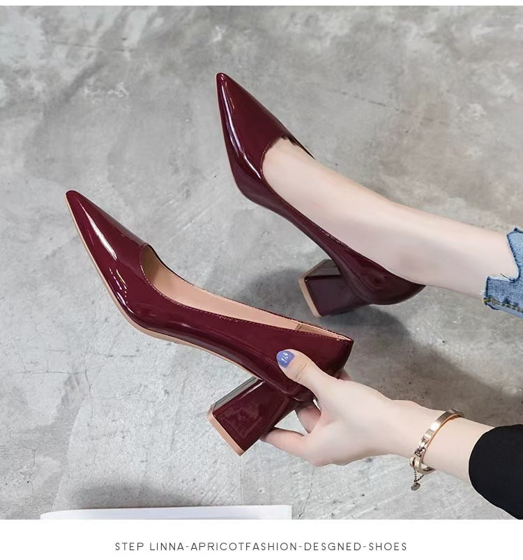 Women's Thick Nude Color Elegant Spring Patent Design Pointed Women's Fashion Shoes