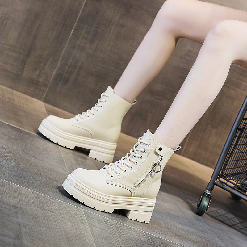 Women's Martin Fleece-lined Platform Elevator Ankle British Style Women's Leather Boots