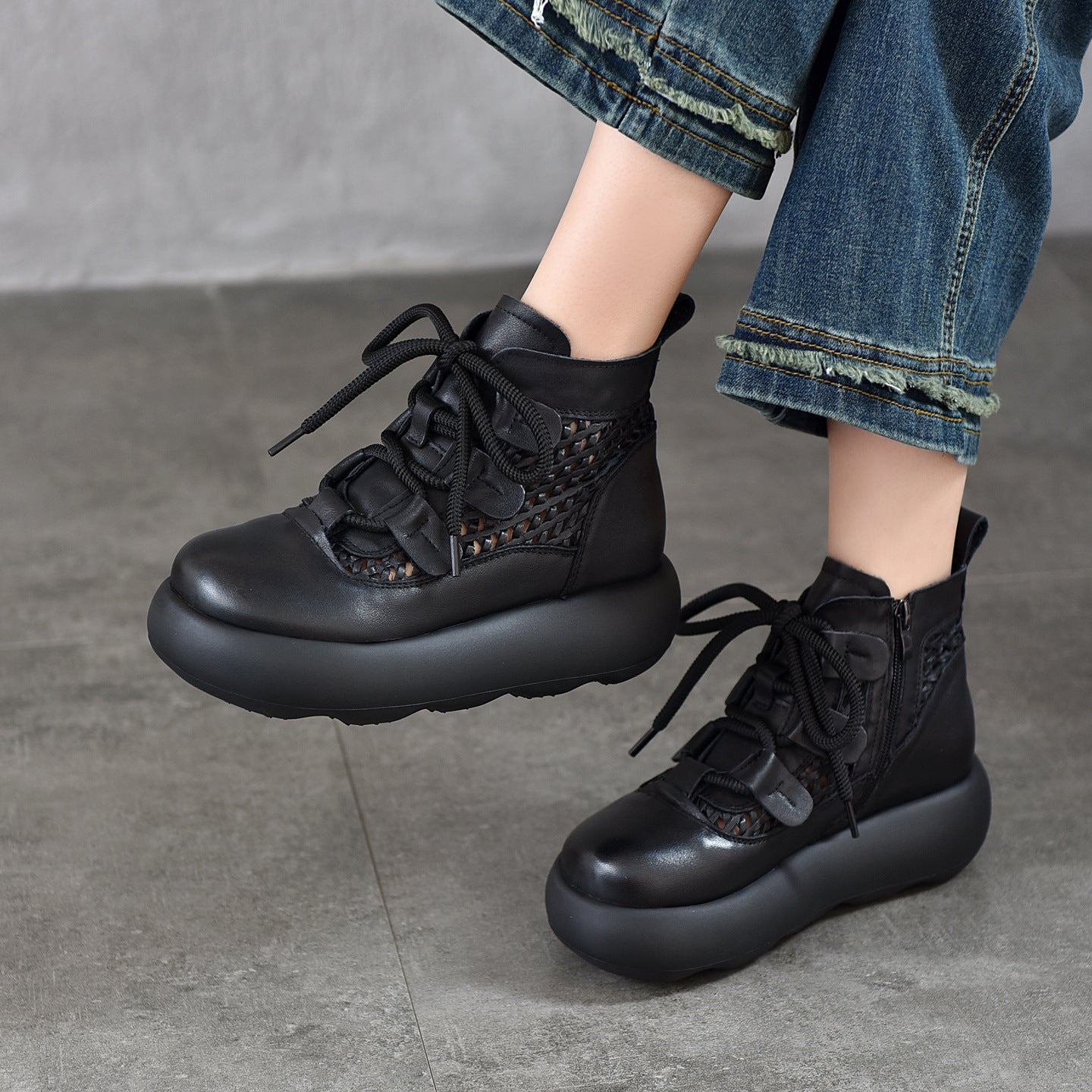 Women's First Layer Cowhide Handmade Woven Hollowed Platform Sandals