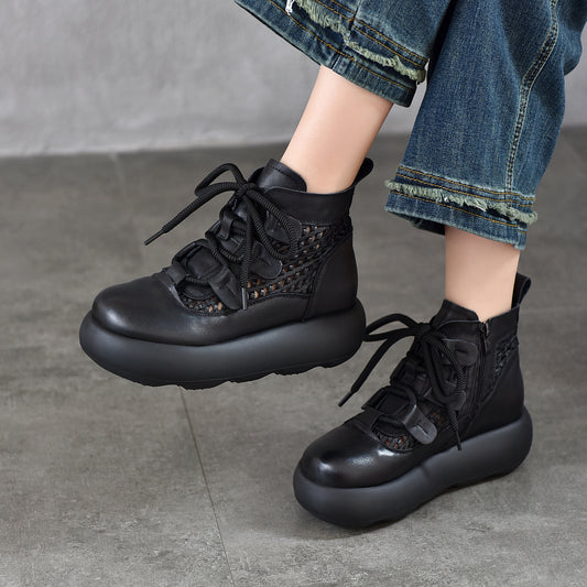 Women's First Layer Cowhide Handmade Woven Hollowed Platform Sandals