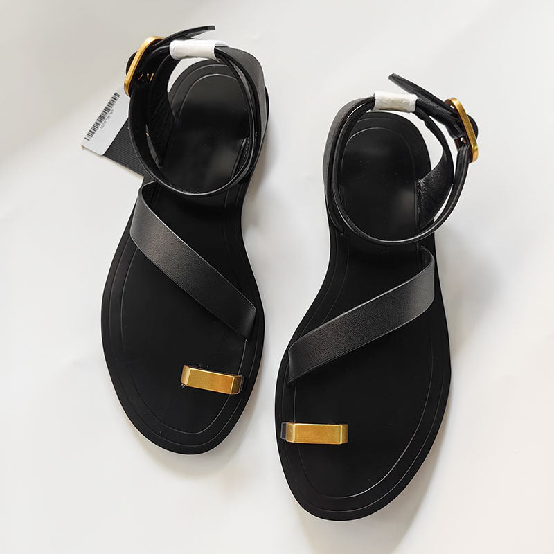 Women's Summer Top Layer Cowhide Toe Covering Metal Decorative Flip-flops Sandals