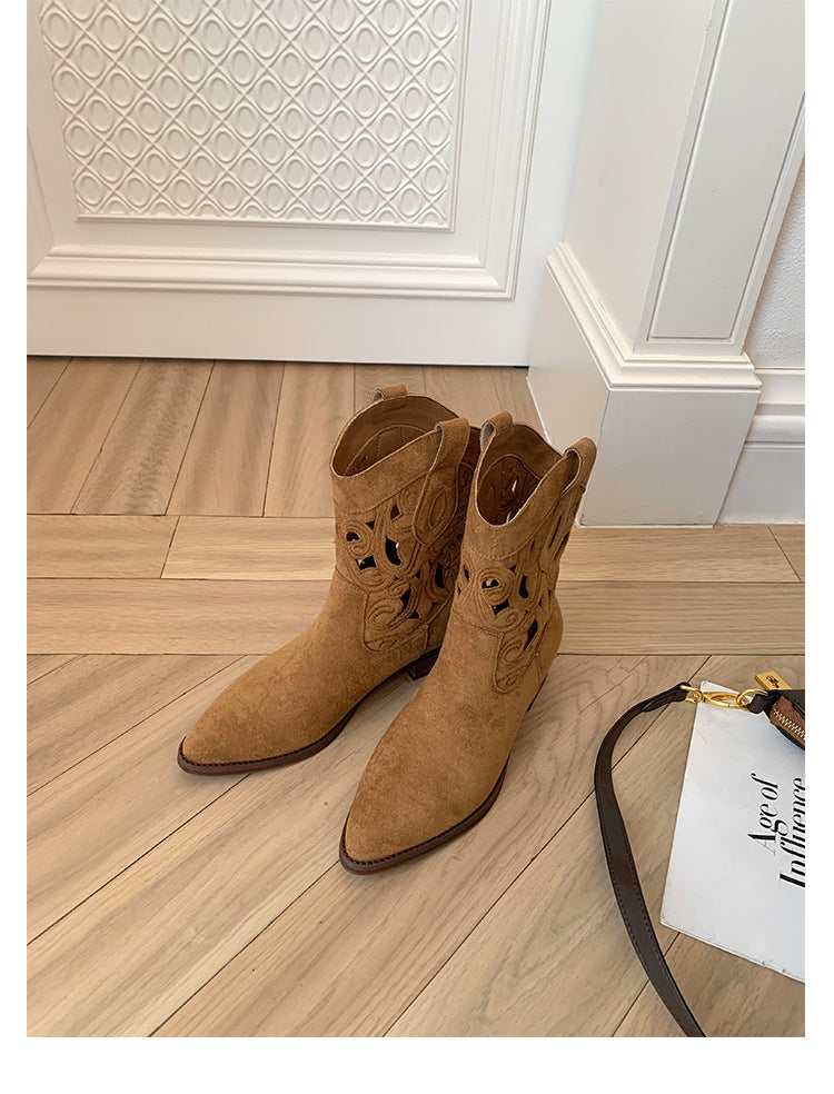 Women's Embroidered Hollow Out Western Cowboy Autumn V Cut Middle Chunky Women's Leather Boots