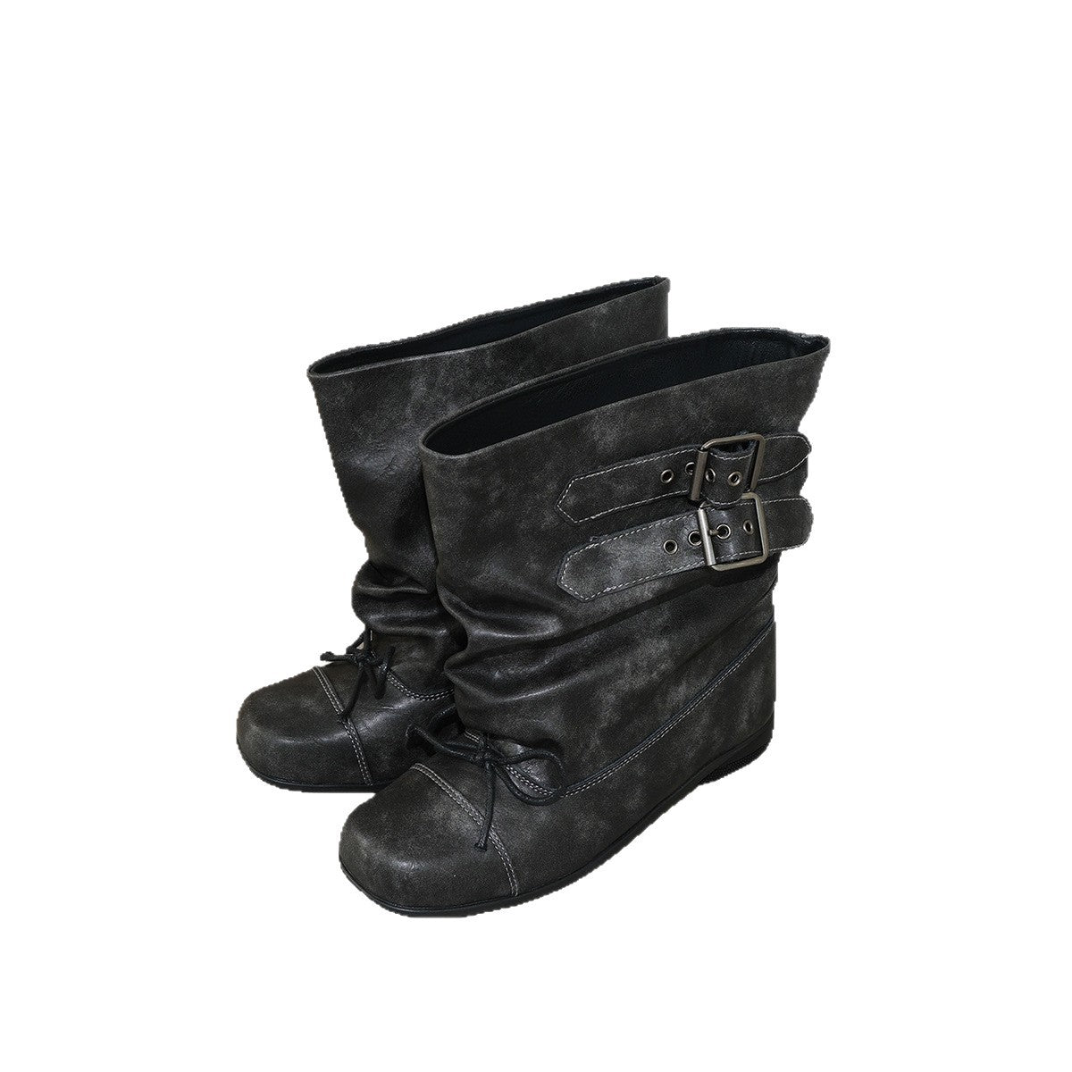 Women's Bow Booties Ballet Style Retro Distressed Short Pleated Black Women's Leather Boots