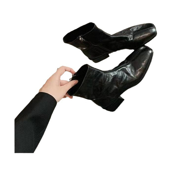 Mom Korean Style Square Head Thin Booties Chunky Platform Small Women's Leather Boots