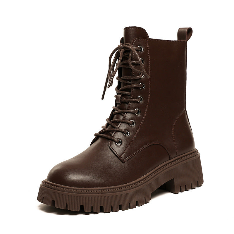 Women's Martin British Style Fleece-lined Brown Coffee Color Platform Ankle Women's Leather Boots