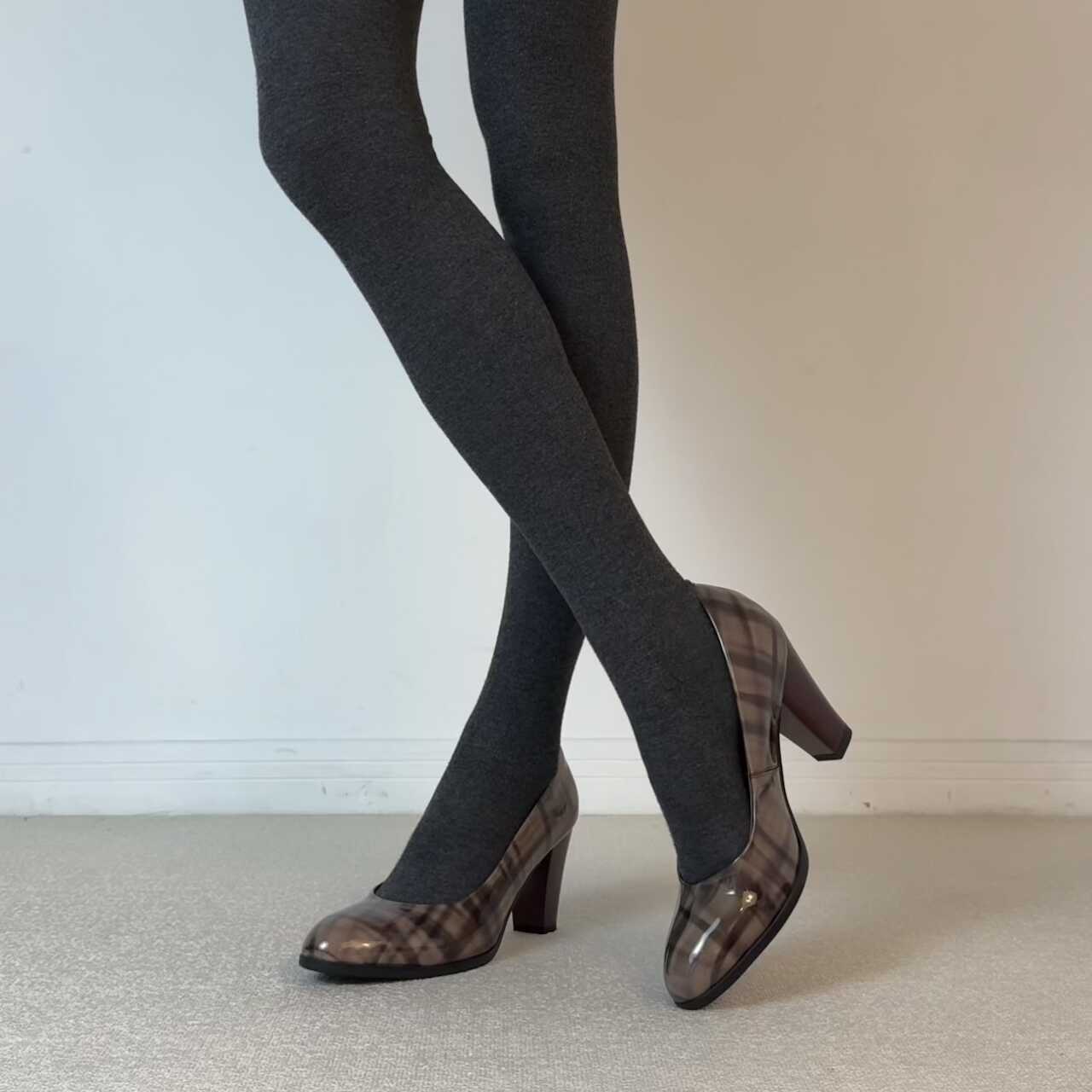 Pattern Brown Shiny Surface French Retro Chunky Round Head Shallow Women's Fashion Shoes