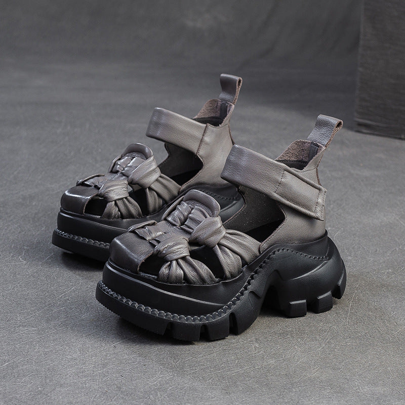 Women's Summer Niche Style Top Layer Cowhide Comfortable Woven Breathable Platform Sandals