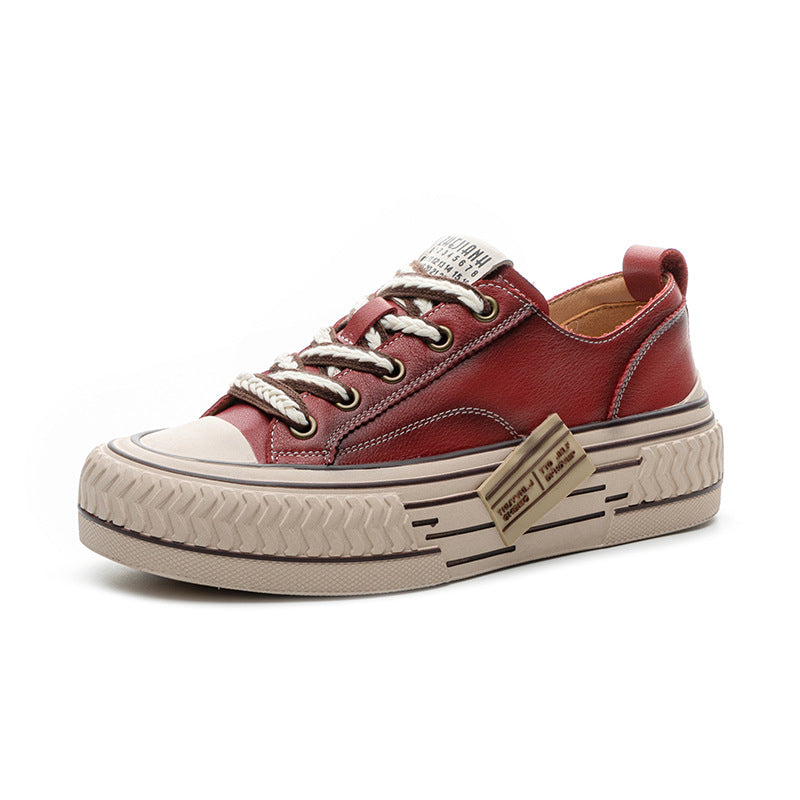 Women's Cowhide Retro Red Spring Versatile Sports Women's Board Shoes