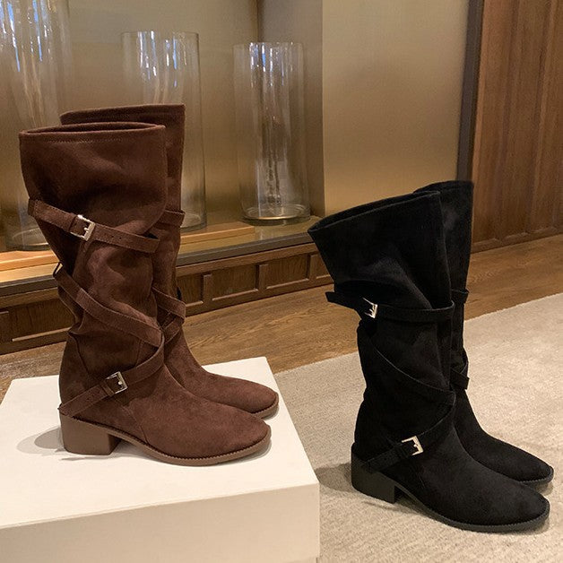 Women's Mom High Pile Style Cross Buckle Strap Tube Knee-high Knight Boots