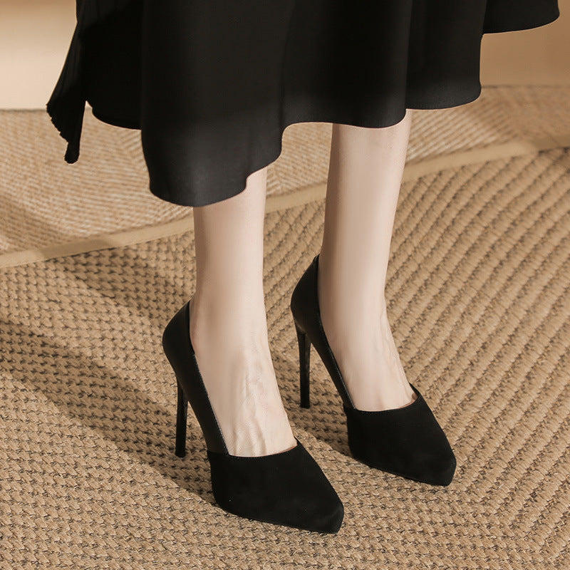 Women's Sexy Inner Waterproof Platform Low-cut High Black Suede Pointed Stiletto Women's Fashion Shoes
