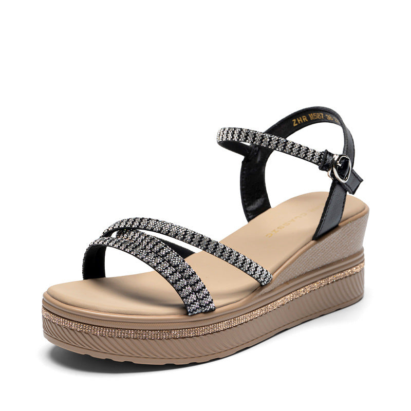 Women's Wedge Rhinestone French Style Thick Bottom Sandals