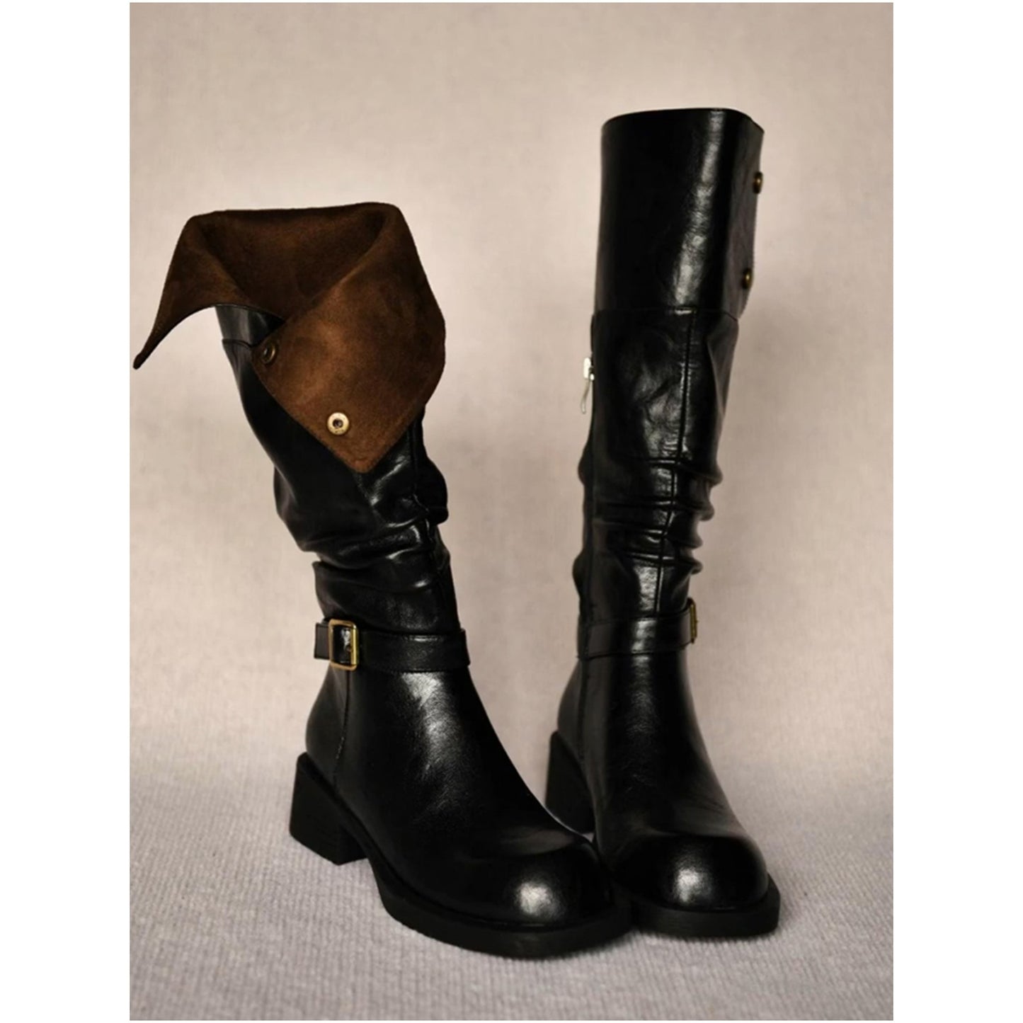 Women's Western Cowboy Round Head Metal Buckle Two-way Lapel Pleated Chunky Women's Leather Boots