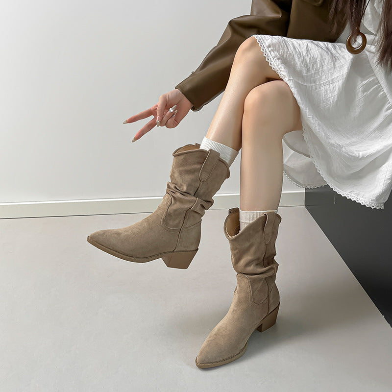 Women's V-shaped Mouth Thick Short Retro Length Pleated Pile Women's Leather Boots