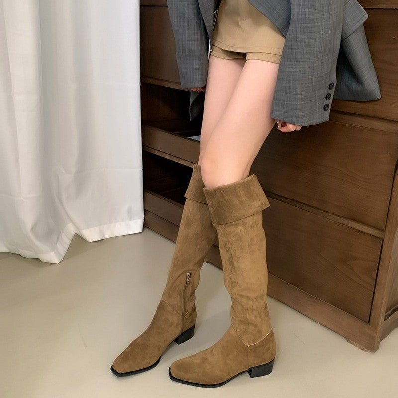 Female Tube Tail British Style Height Increasing Insole Square Women's Leather Boots