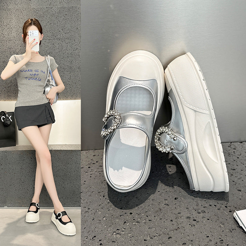 Women's Mary Jane Rhinestone Platform Muffin White Thick-soles Slippers