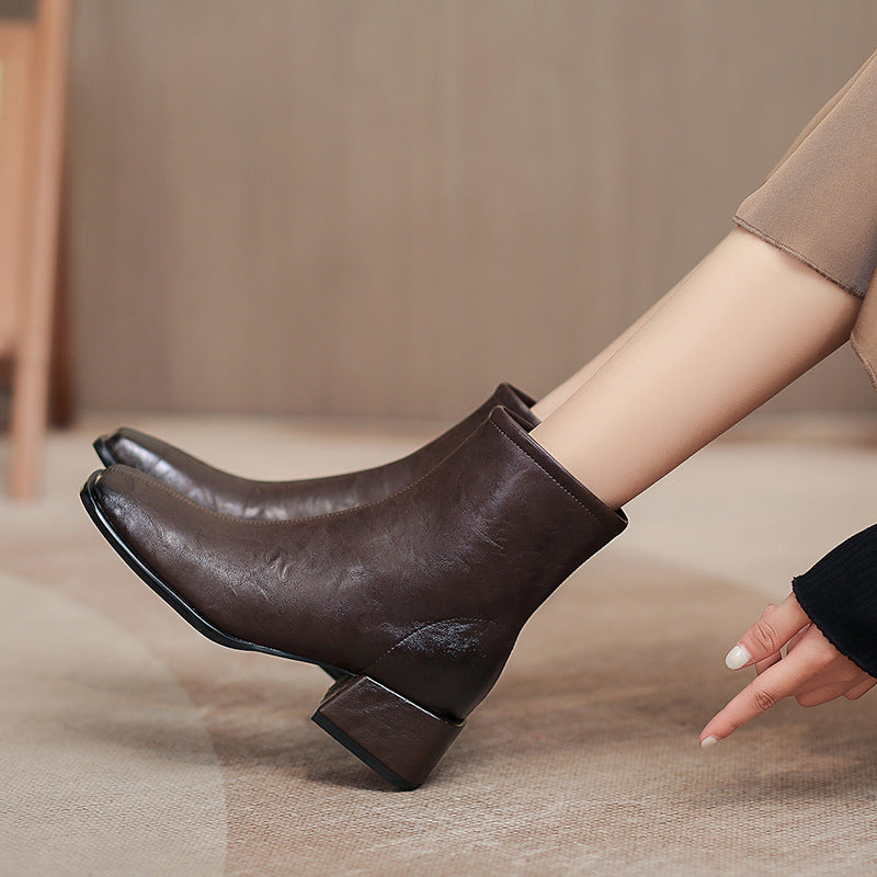Women's Korean Style Retro Square Toe Thin Booties Chunky Side Zip Women's Leather Boots