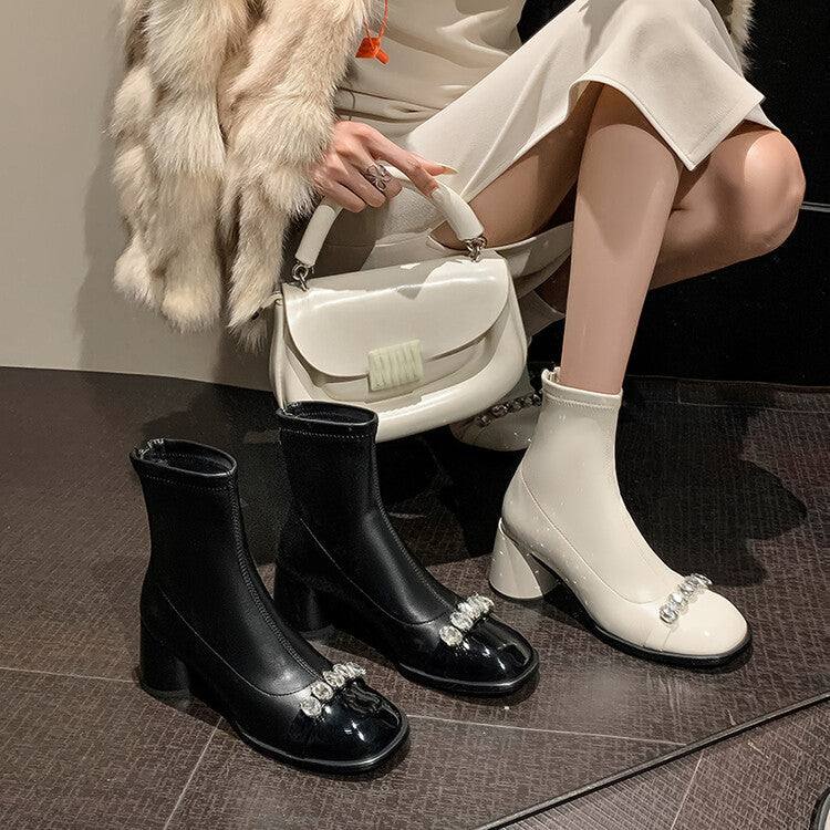 Women's Rhinestone French Round Head Chunky Stretch Thin Women's Leather Boots