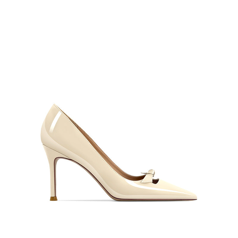 Women's Bow High Patent Pointed Stiletto Commuter Shallow Mouth Heels