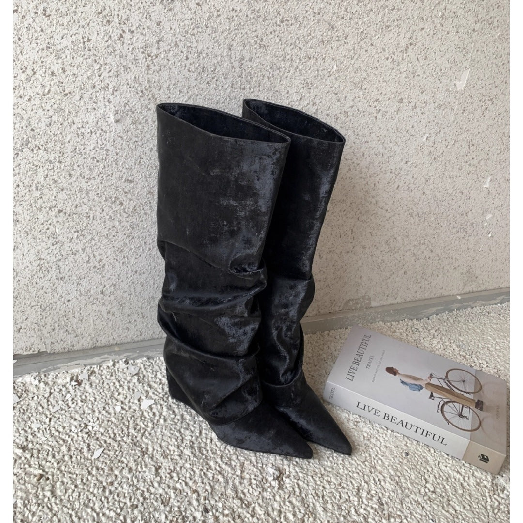 Women's Pleated Pile Style High Tube Slimming Below Women's Leather Boots