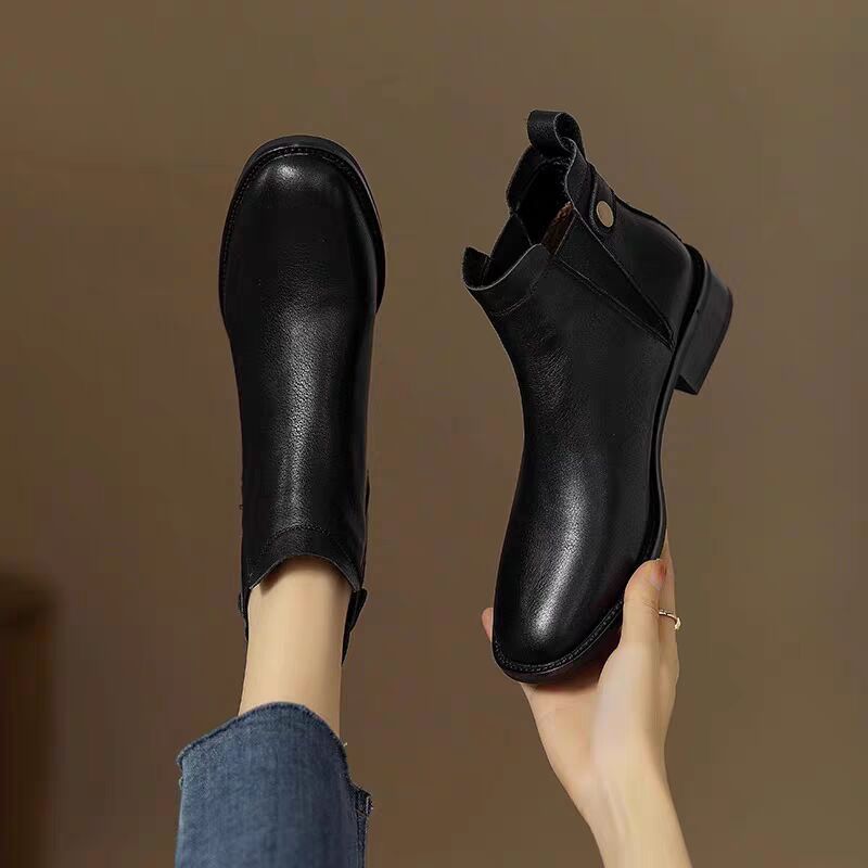 Women's Chelsea Booties Retro Ankle Round Head Plus Veet Chunky Heels