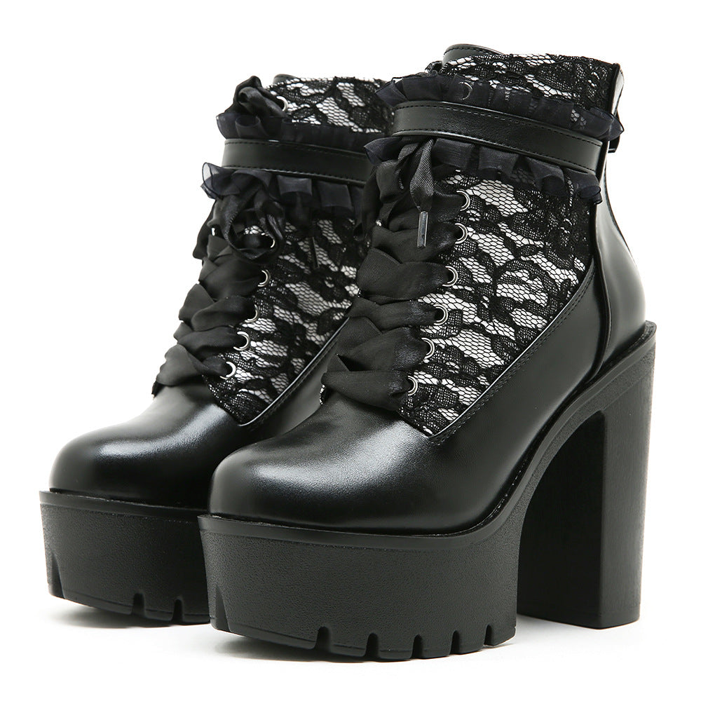 Women's Gothic Lace Color Block High Ankle Back Zipper Retro Chunky Women's Leather Boots
