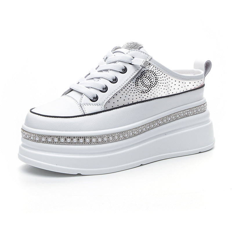 Women's Mesh Pearl Rhinestone Classic Style Leisure Thick-soles Slippers