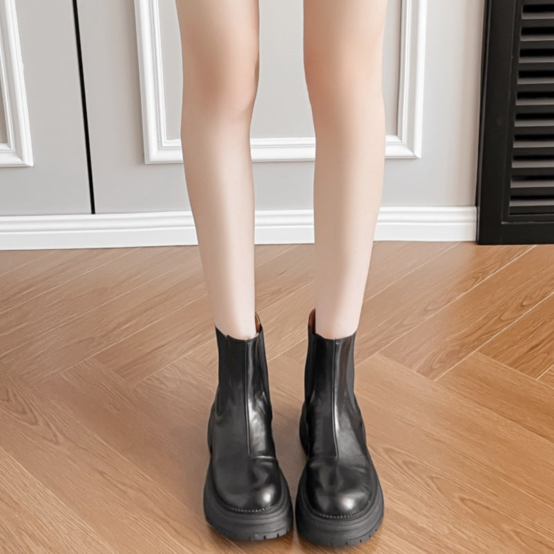 Women's Round Head Chunky Platform Smoke Pipe Chelsea Women's Leather Boots