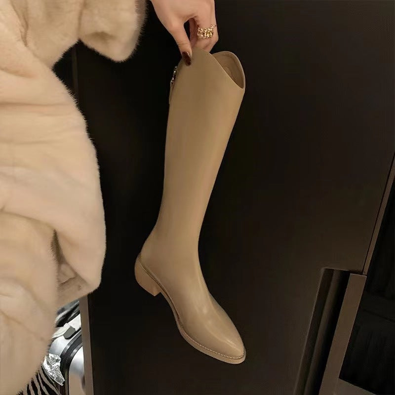 V Cut Western Cowboy Pointed Toe Tall Knight Women's Leather Boots