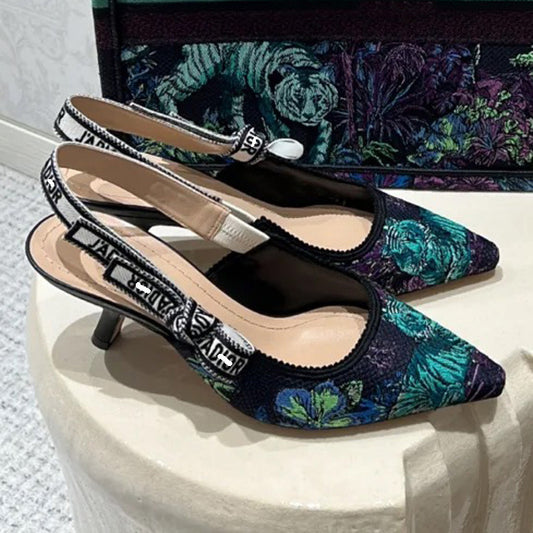 Tiger Embroidered Summer Bow Cat Closed Toe High Heeled Sandals