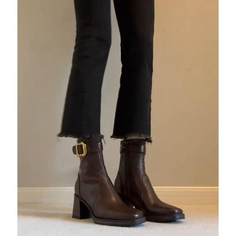 Women's High Booties French Chunky Square Toe Skinny Back Heels