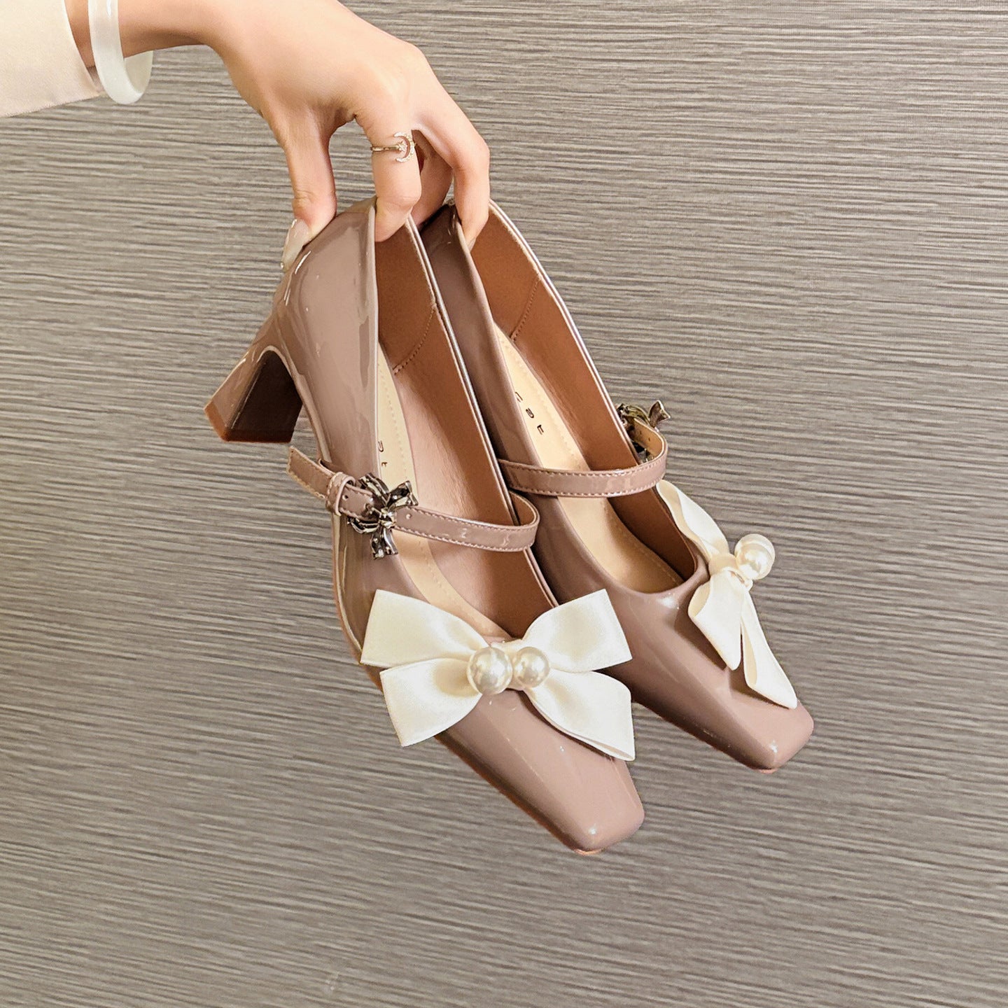 Women's Chunky Square Toe Mary Jane French Pearl Bow Heels