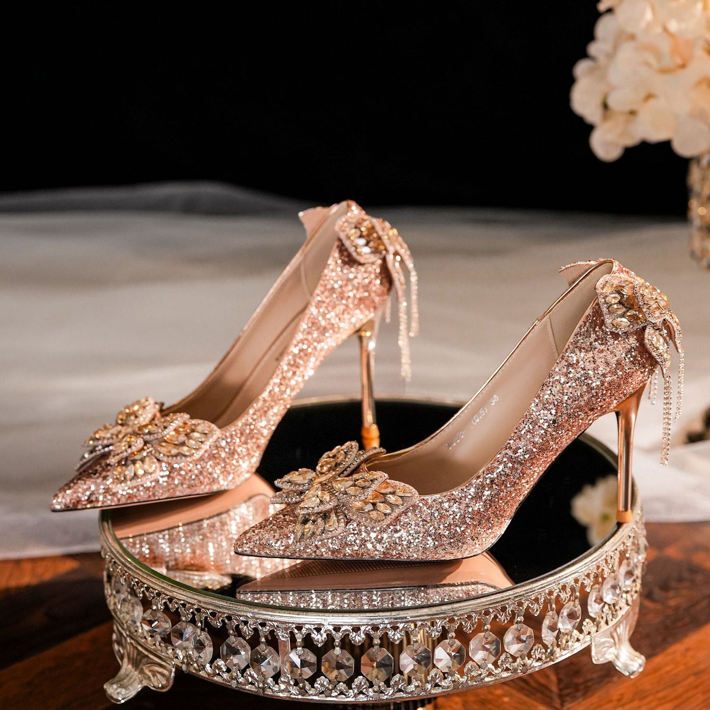 Women's Bow Rhinestone Tassel Sequins Wedding Party Luxury High Women's Fashion Shoes