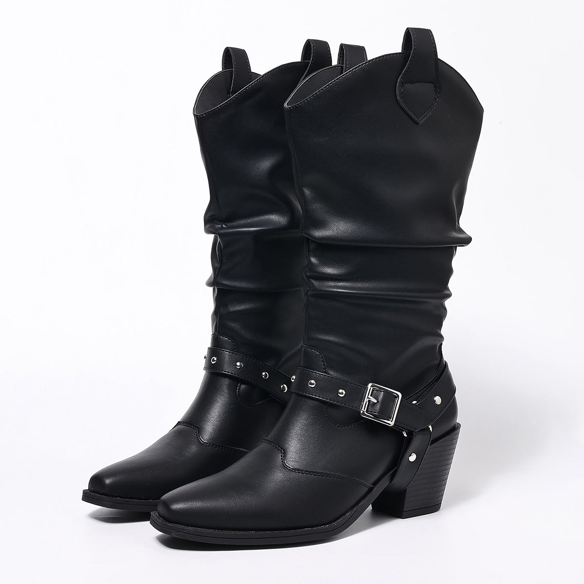 Women's Belt Buckle Square Toe Chunky Western Women's Leather Boots