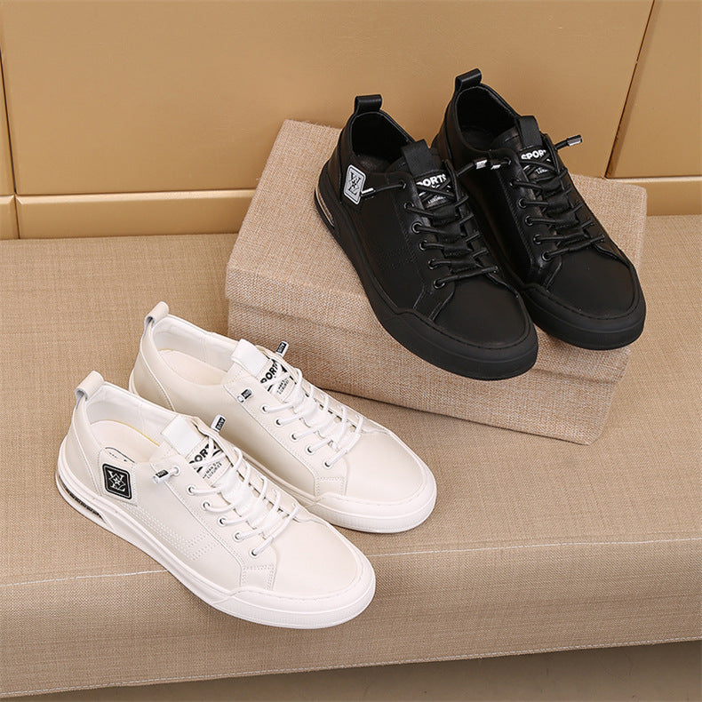 Men's Layer Cowhide Flat Fashion Trendy Black Sneakers