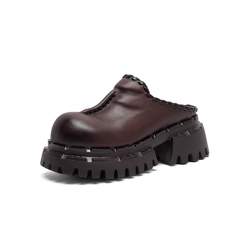 Women's Retro First Layer Cowhide Closed Toe Half Increased Comfortable Slip-on Thick-soles Slippers