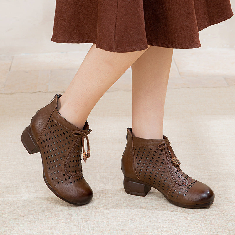Women's Ethnic Style Martin Round Toe Genuine Hole High Heeled Sandals