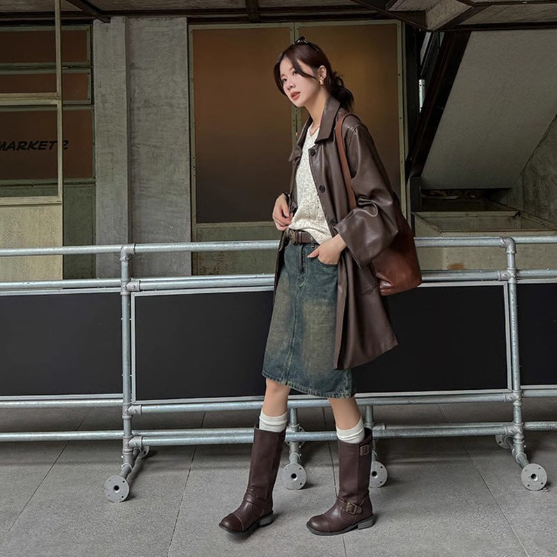 Women's Chunky Retro Wide Tube Middle Riding Belt Women's Leather Boots