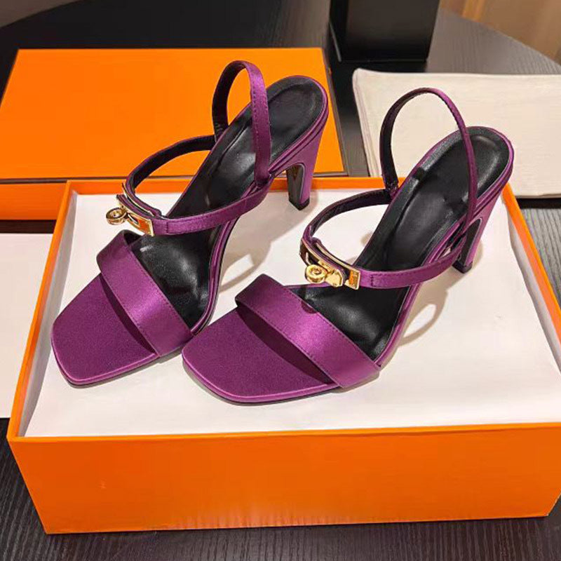 Women's Stiletto Square Toe Metal Button Buckle Satin High Heeled Sandals