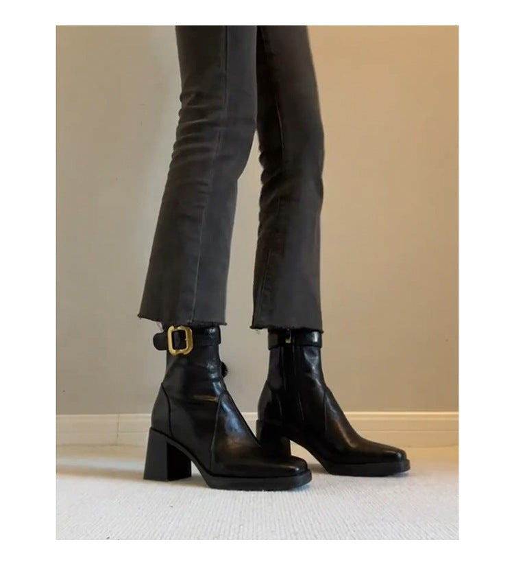 Slim High Below The Knee Long Female Chunky Women's Leather Boots