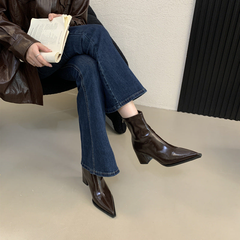Toe Chunky Booties Female Style Niche High Women's Leather Boots